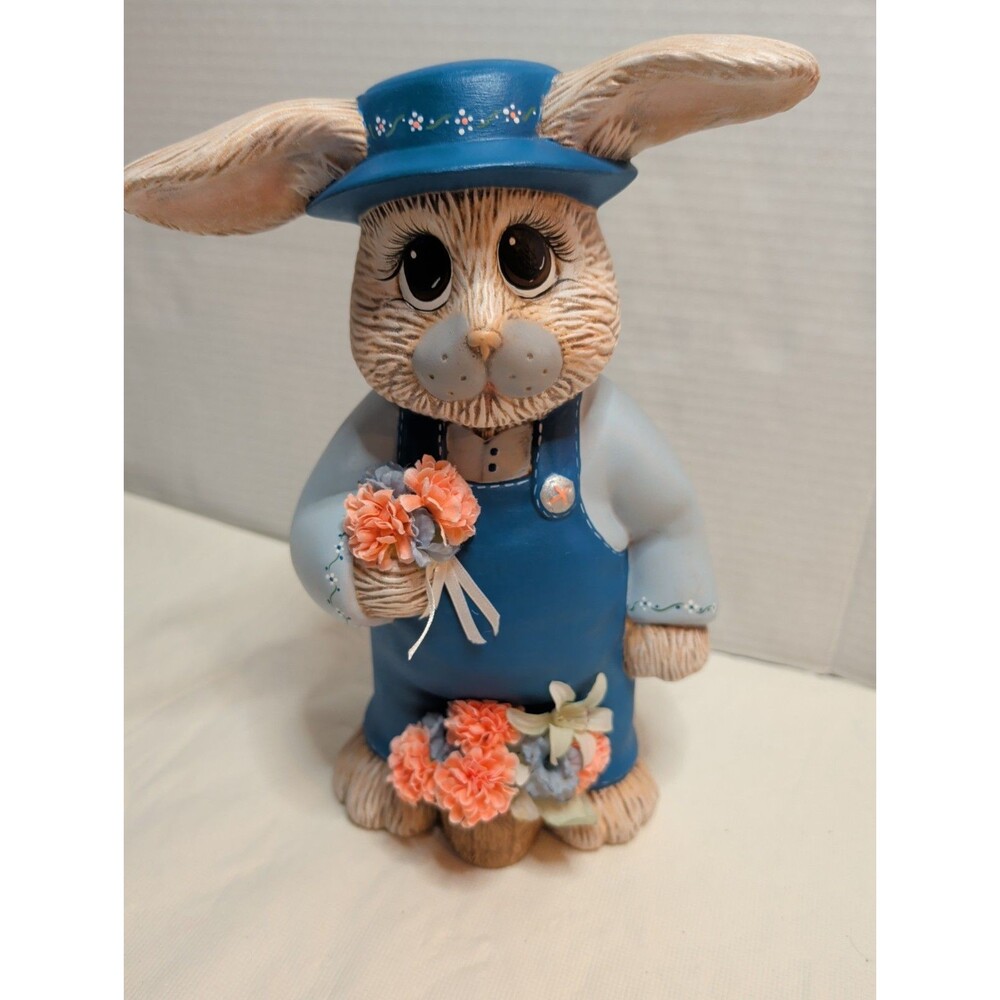 Hand painted Ceramic Bunny Blue Overalls Cottagecore Grandmacore Cute Spring VTG